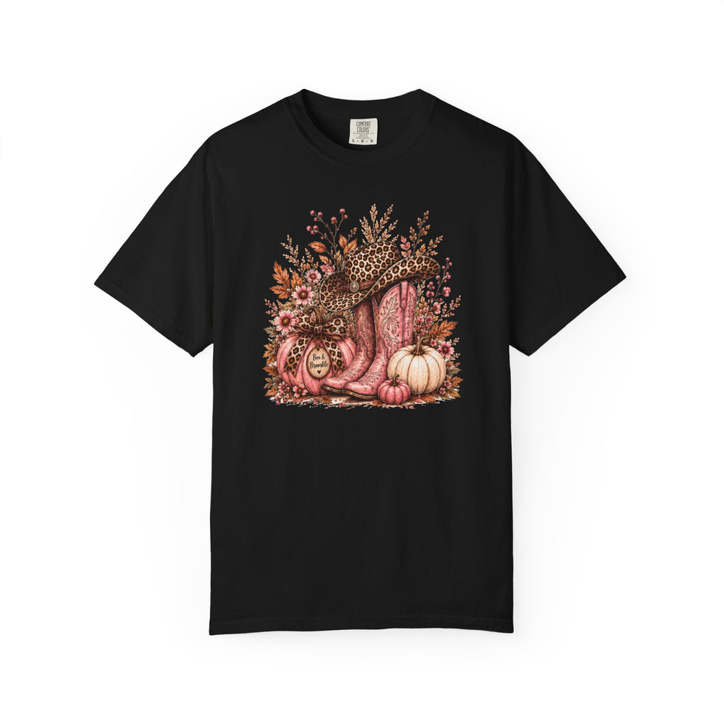Western Cowgirl Pumpkin Shirt, Pink Cowboy Boots & Leopard Print Fall Tee, Women’s Comfort Colors T-Shirt