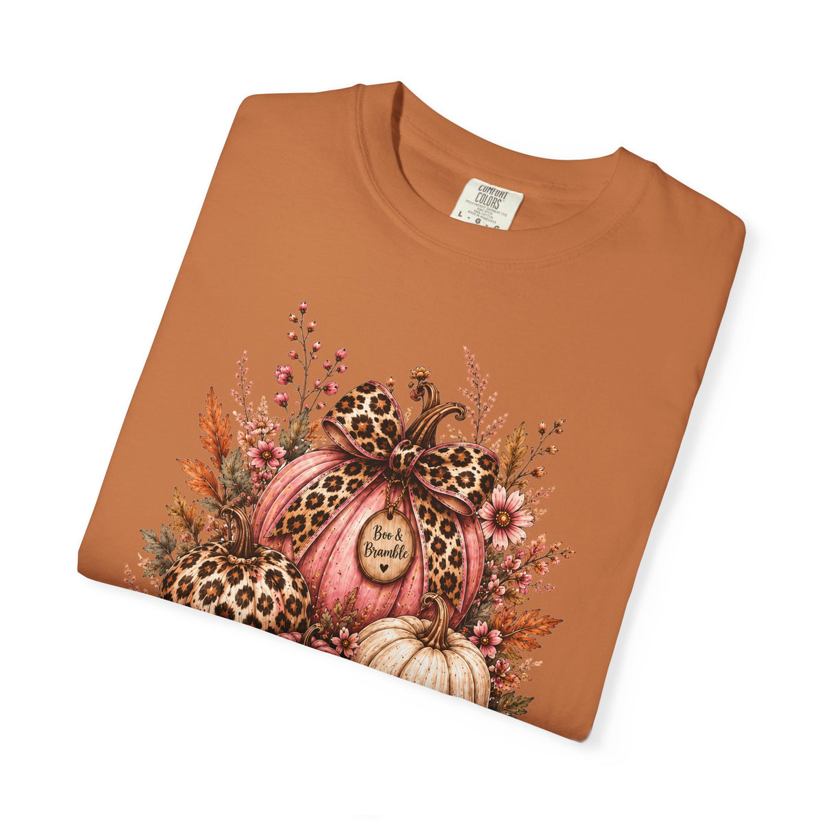 Leopard Pumpkin Patch Floral T-Shirt — Autumn Halloween Harvest Graphic T-shirt
