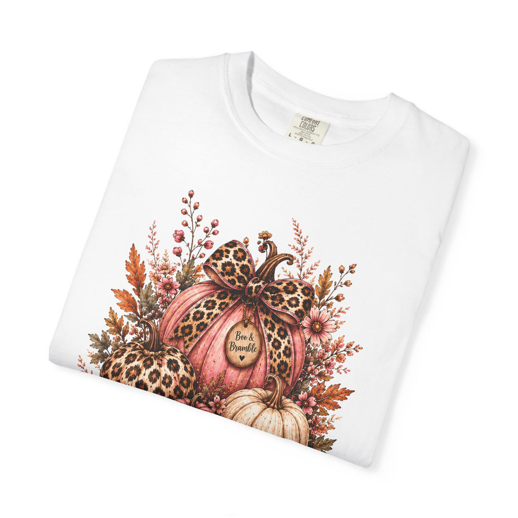 Leopard Pumpkin Patch Floral T-Shirt — Autumn Halloween Harvest Graphic T-shirt