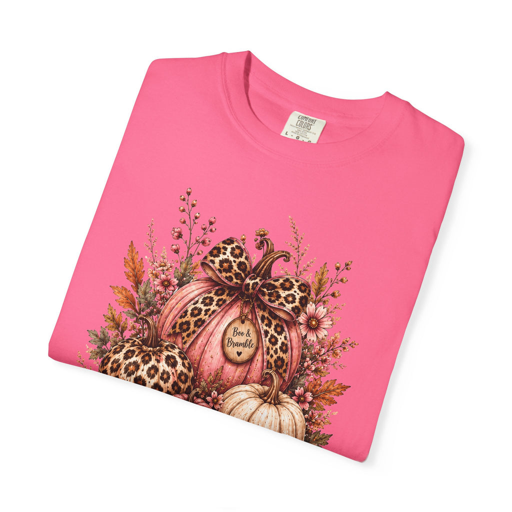 Leopard Pumpkin Patch Floral T-Shirt — Autumn Halloween Harvest Graphic T-shirt