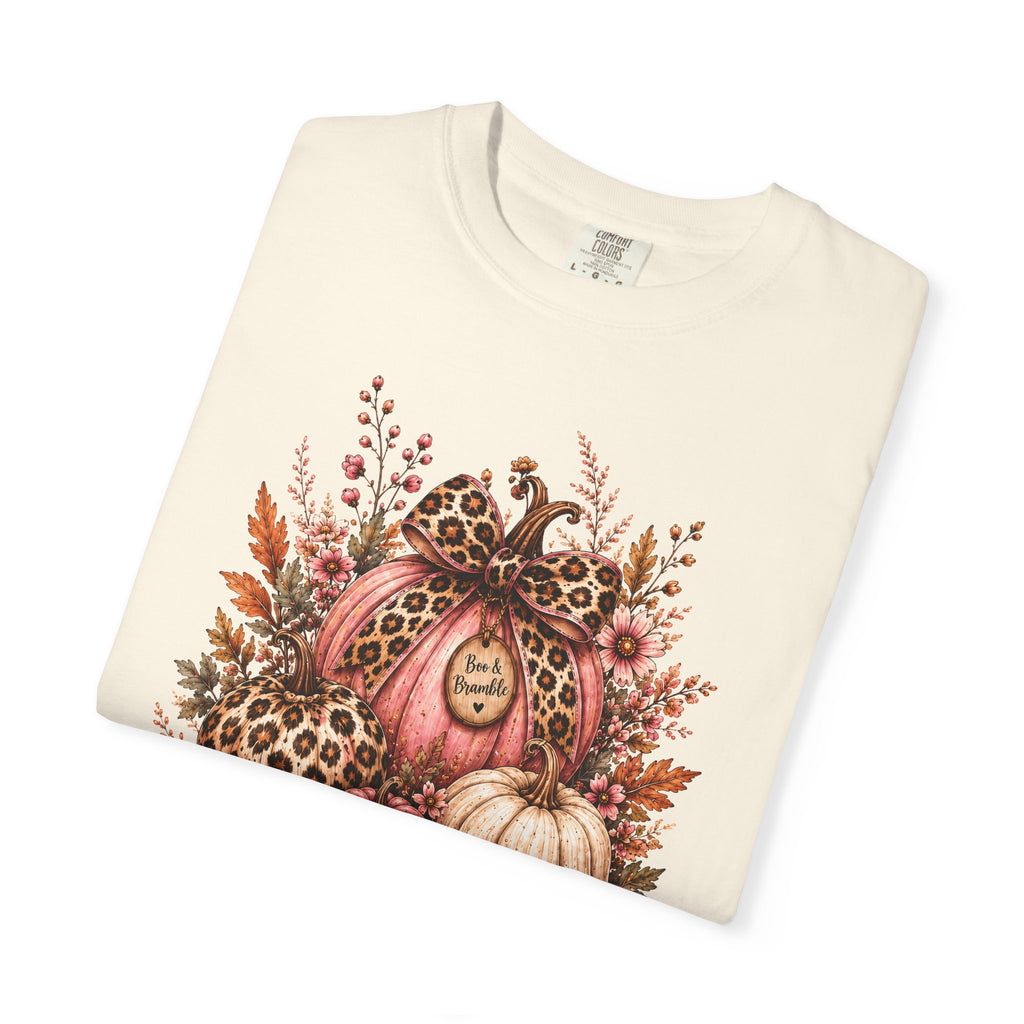 Leopard Pumpkin Patch Floral T-Shirt — Autumn Halloween Harvest Graphic T-shirt