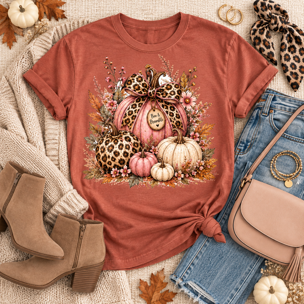 Leopard Pumpkin Patch Floral T-Shirt — Autumn Halloween Harvest Graphic T-shirt