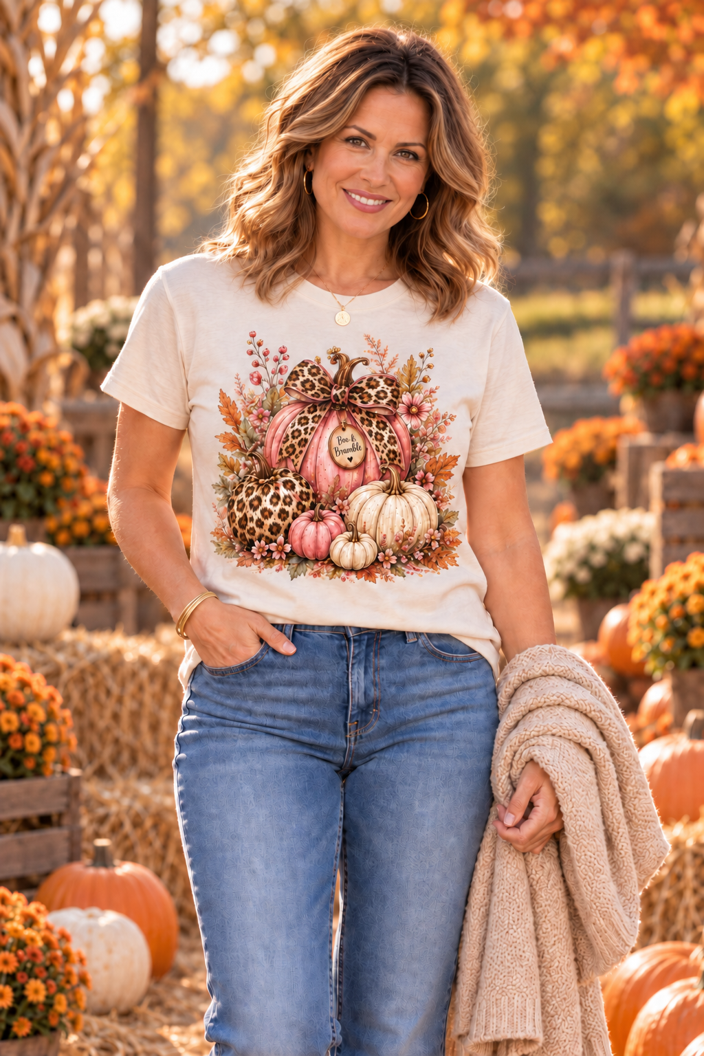 Leopard Pumpkin Patch Floral T-Shirt — Autumn Halloween Harvest Graphic T-shirt
