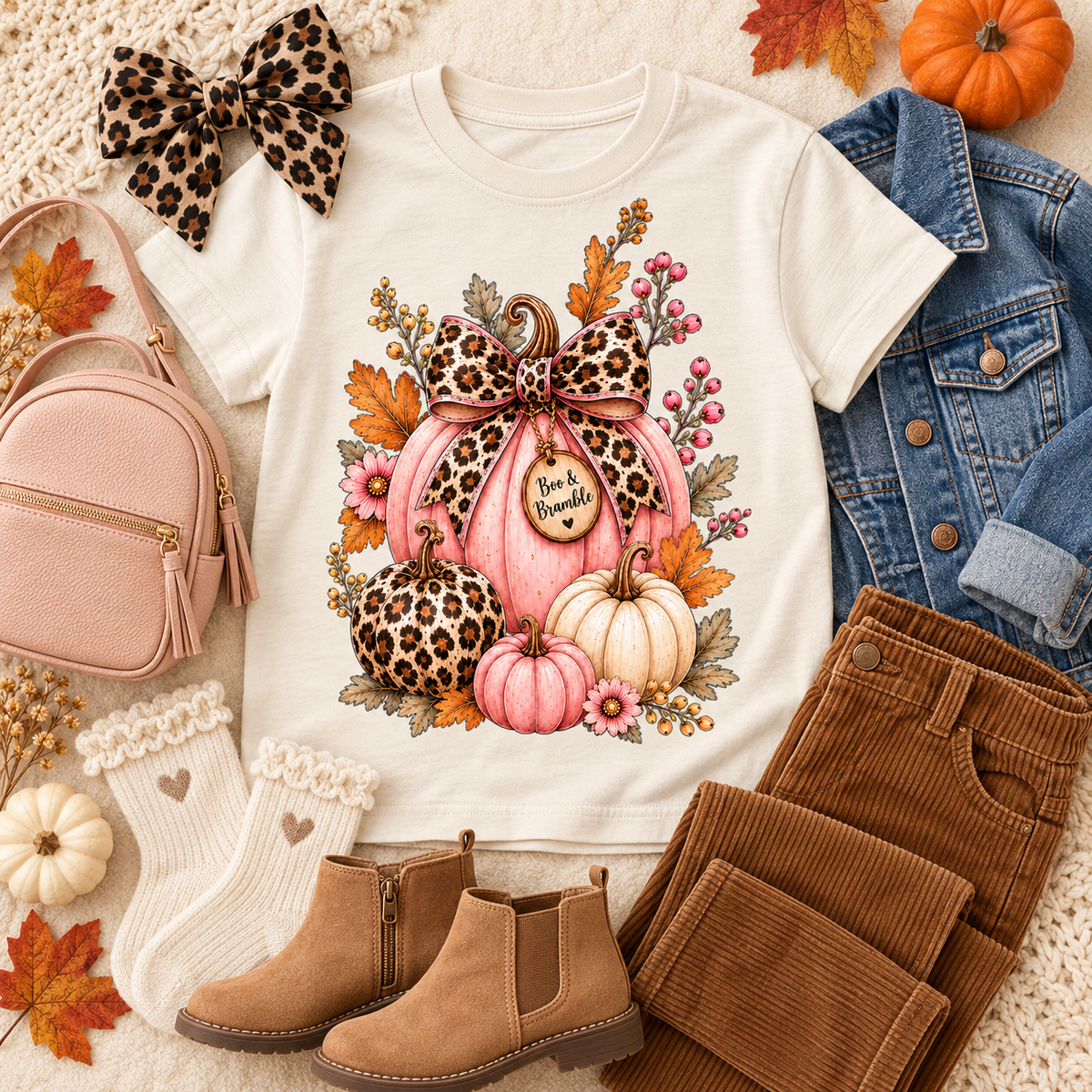Girls’ Leopard Pumpkin T-Shirt – Pink Boutique Fall Graphic, Bella+Canvas