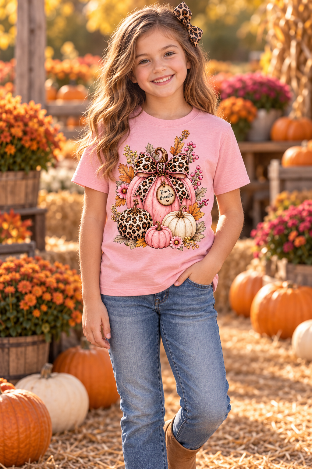 Girls’ Leopard Pumpkin T-Shirt – Pink Boutique Fall Graphic, Bella+Canvas