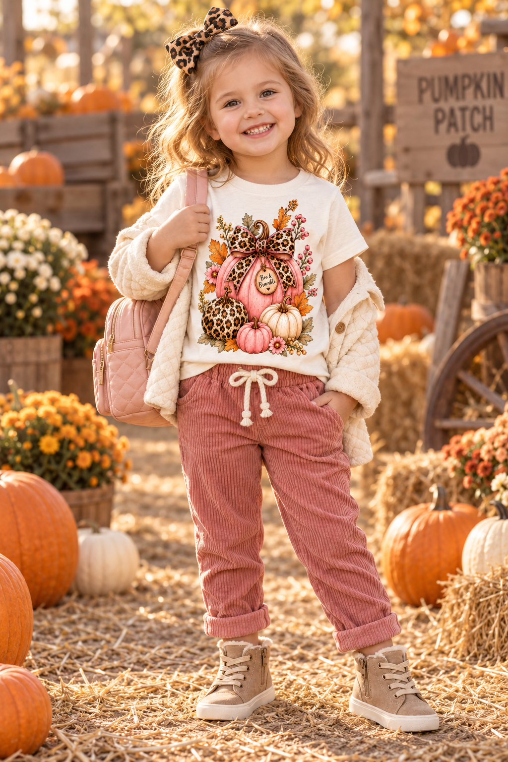 Toddler Girls’ Leopard Pumpkin T-Shirt – Pink Boutique Fall Graphic, Bella+Canvas