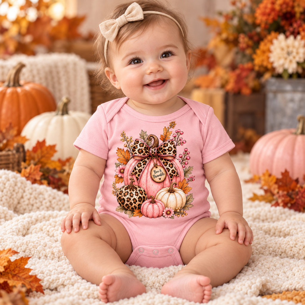 Leopard Pumpkin Patch Baby Halloween Bodysuit – Cute Fall Pumpkin Outfit for Baby Girls