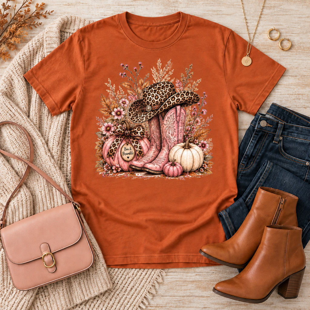 Western Cowgirl Pumpkin Shirt, Pink Cowboy Boots & Leopard Print Fall Tee, Women’s Comfort Colors T-Shirt