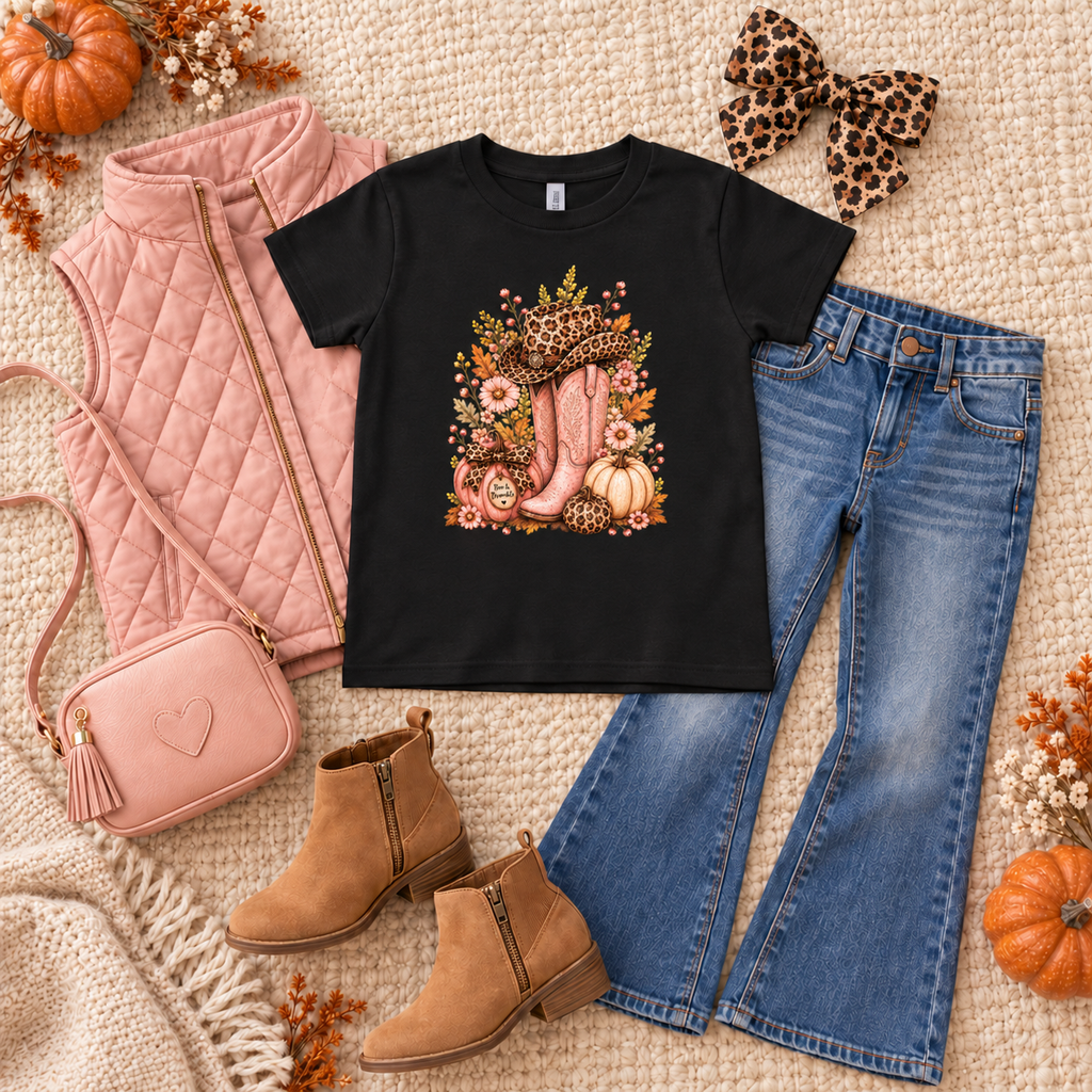 Western Cowgirl Pumpkin Youth Shirt, Pink Cowboy Boots & Leopard Print Fall Tee