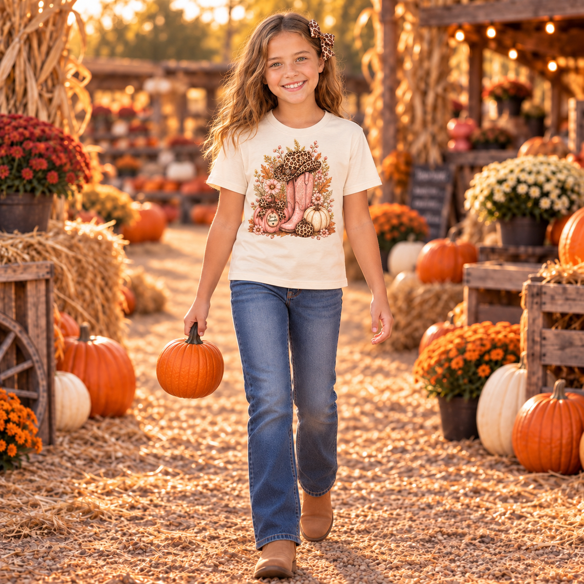 Western Cowgirl Pumpkin Youth Shirt, Pink Cowboy Boots & Leopard Print Fall Tee