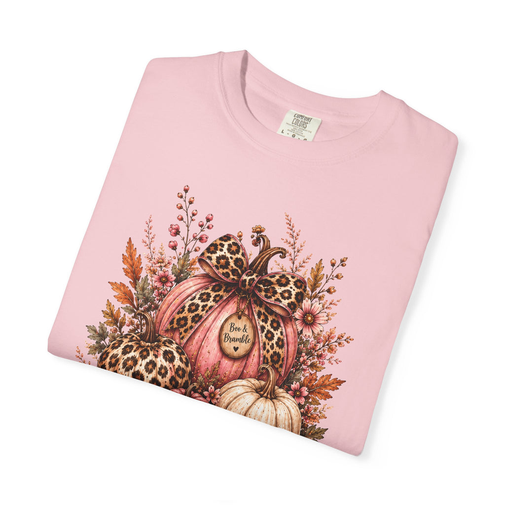 Leopard Pumpkin Patch Floral T-Shirt — Autumn Halloween Harvest Graphic T-shirt